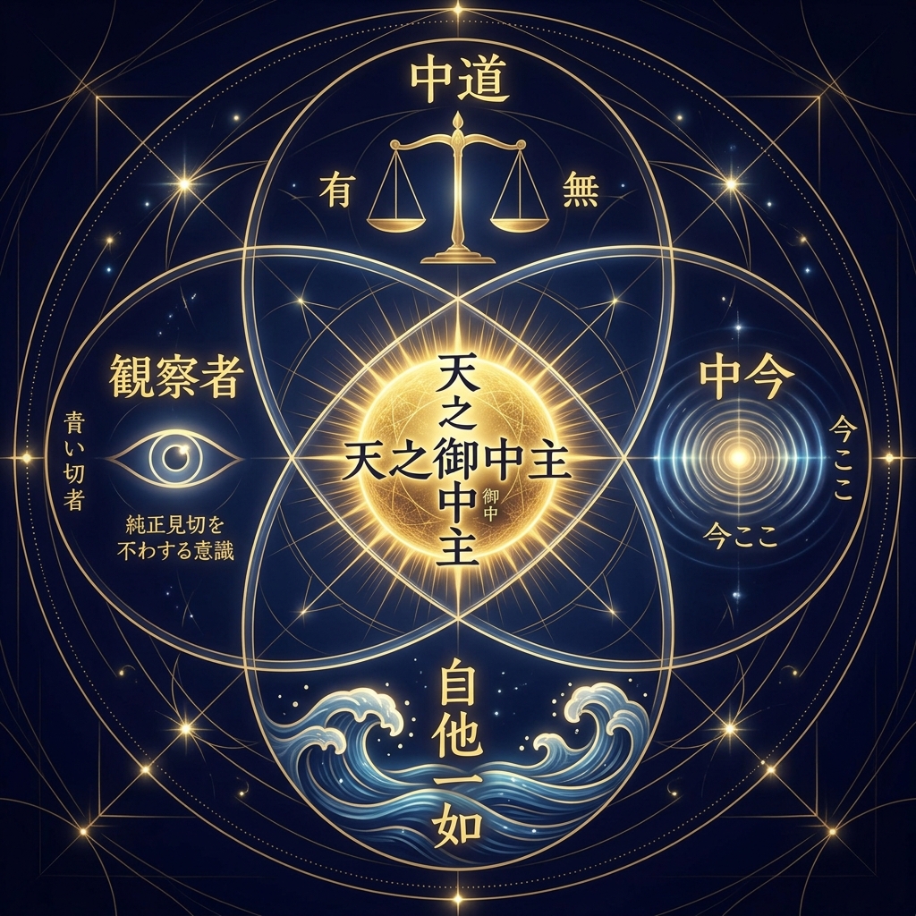 「中道」「中今」「天之御中主」「観察者」の統合 神聖幾何学と宇宙意識の図解