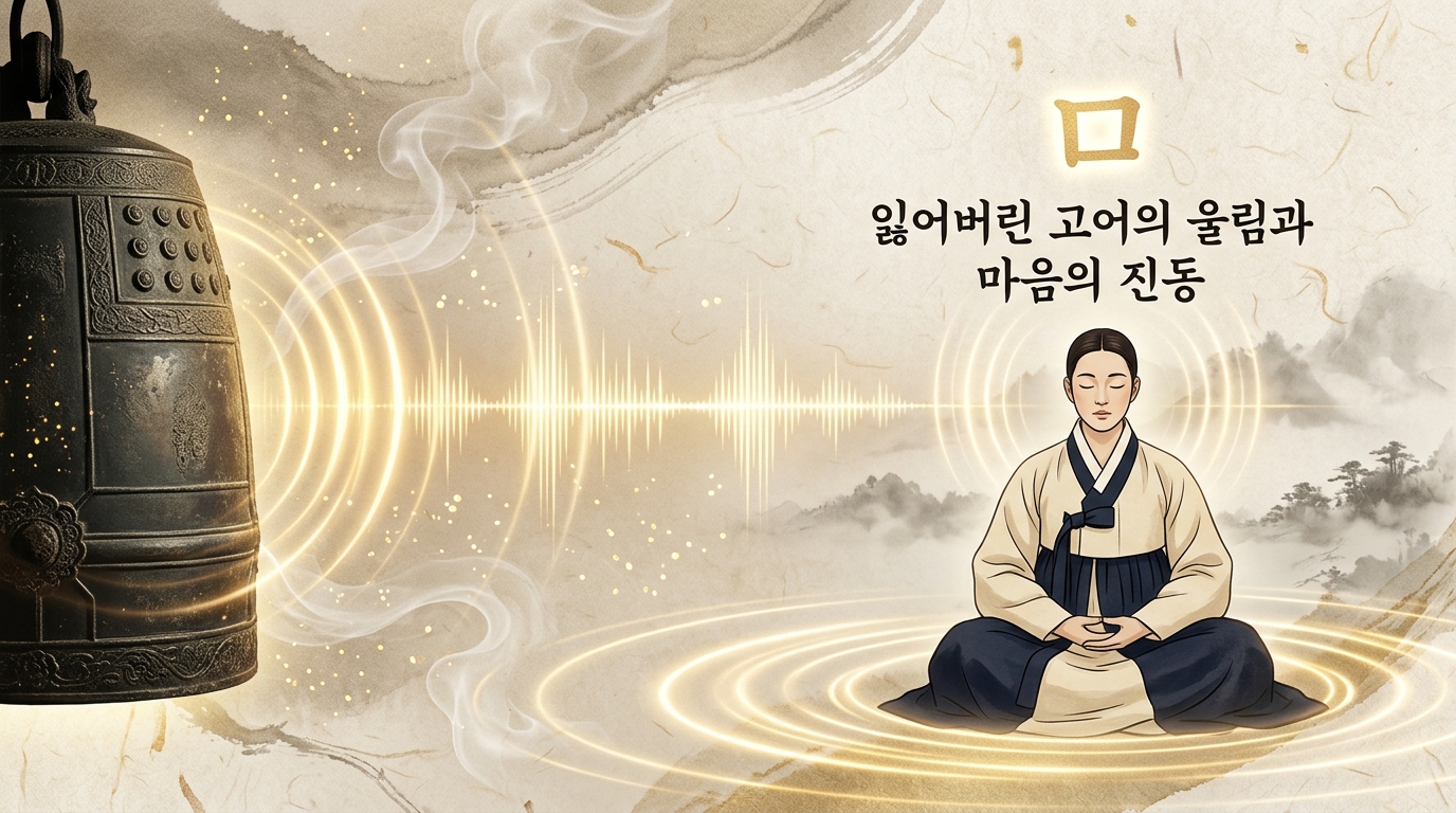 범종의 맥놀이와 황금빛 소리의 파동, 명상하는 인물과 받침 ㅁ이 어우러진 잃어버린 고어의 울림과 마음의 진동 일러스트